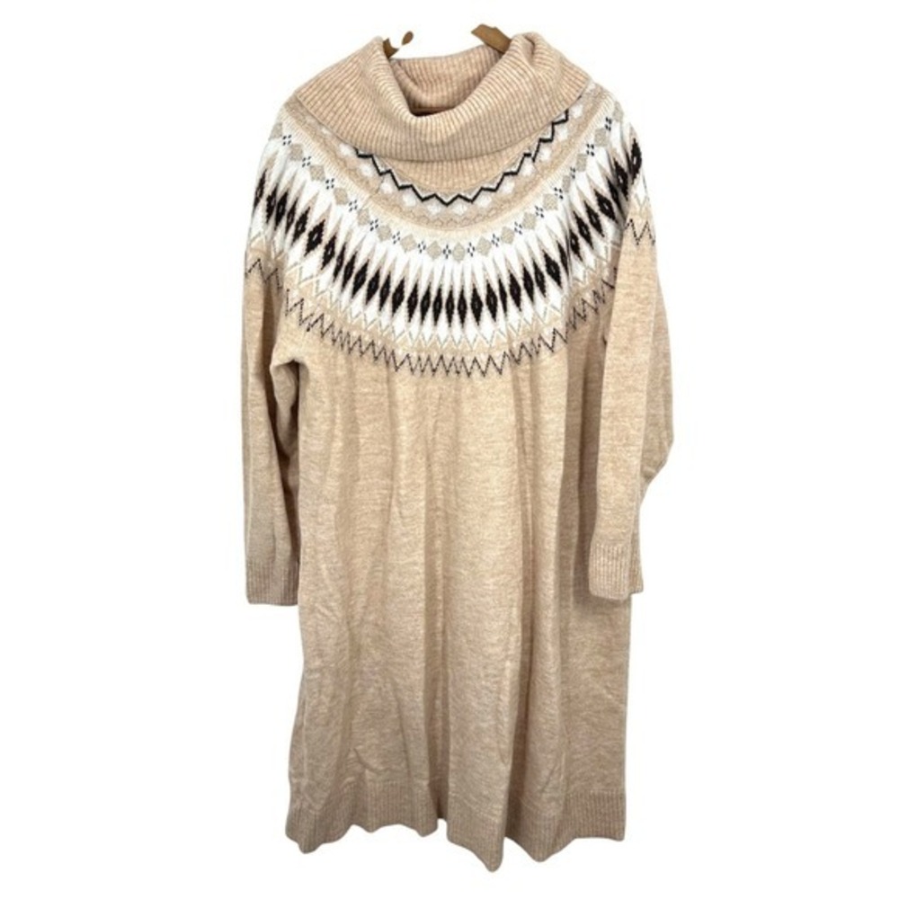 Lane Bryant Fair Isle Turtleneck Sweater Dress Beige Tan Black White Size 26/28